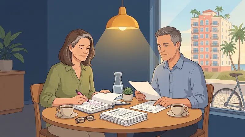 Florida homebuyer reviewing a condo association financial packet at a dining table with reserve study, estoppel certificate, insurance declaration, and a highlighter marking concerning line items, with a Gulf-coast condo tower visible through the window