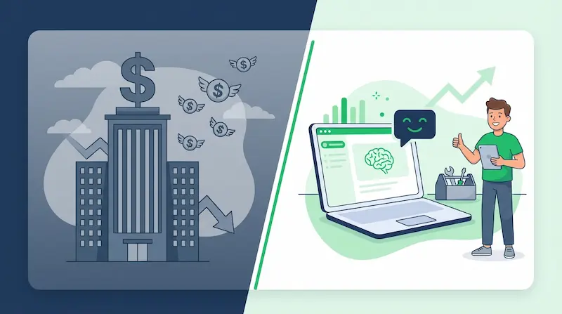Side-by-side comparison of a traditional HOA management company with dollar signs flying away versus a self-managed board using AI tools like Mosaic with lower costs and more control