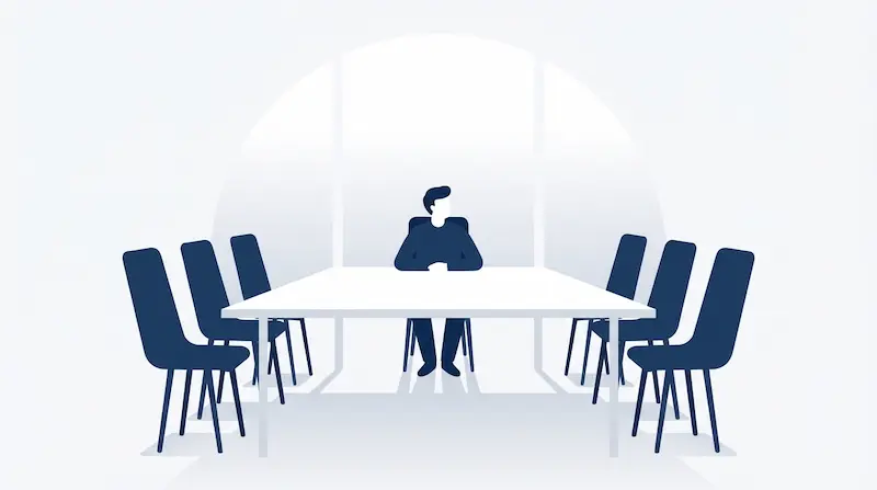 HOA board president sitting alone at a conference table surrounded by empty chairs, illustrating unilateral decision-making without the board