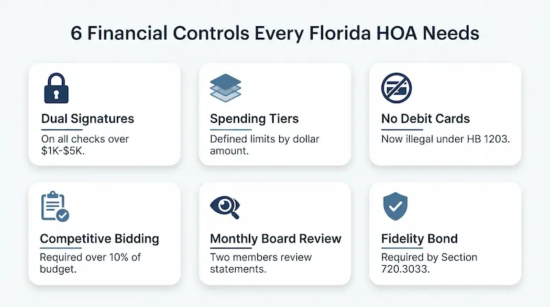 Infographic showing six essential financial controls for Florida HOA boards: dual signatures, spending tiers, no debit cards, competitive bidding over 10% of budget, monthly board review of financials, and fidelity bond coverage