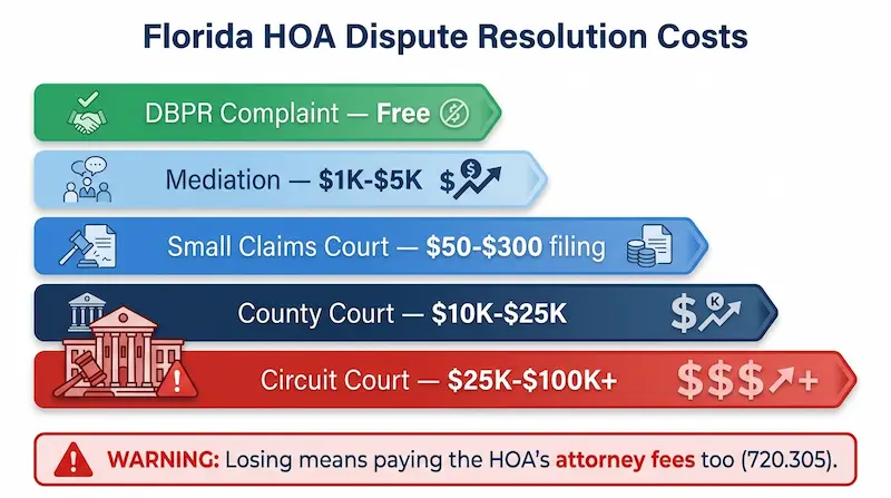 Cost comparison table showing Florida HOA dispute resolution options from cheapest to most expensive: DBPR complaint is free, mediation costs $1,000 to $5,000, small claims court $50 to $300, county court $10,000 to $25,000, and circuit court $25,000 to $100,000 plus