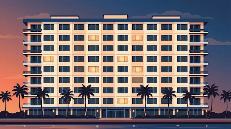 Warm illustration of an older Florida waterfront condominium tower at golden hour, set against a soft sunset sky with palm trees in the foreground, with a subtle stylized chess-knight icon hovering near the corner of the building suggesting the strategic acquisition pressure that developers exert on aging Florida condos, conveying the article's theme of older buildings as targets in the post-Surfside redevelopment landscape