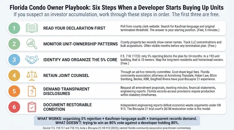 Six-step Florida condo owner checklist for responding to a developer accumulation pattern: pull and read the declaration searching for Kaufman language and unanimous-consent provisions, monitor unit ownership patterns through county property records and tax-roll changes, identify and organize the 5 percent core needed to block any Plan of Termination under FS 718.117(3), retain joint counsel through an ad-hoc minority owners committee, demand transparent disclosures from the board if the developer holds majority including all amendments and meeting minutes, and document the building's restorable condition with engineering reports to defeat economic-waste termination arguments under HB 913