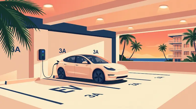 Florida coastal condominium parking garage at sunset with an electric vehicle charging at a wall-mounted Level 2 charger in a deeded owner parking space, palm trees visible through the garage opening, illustrating the unit-owner right to install EV chargers in Florida condos under FS 718.113(8)