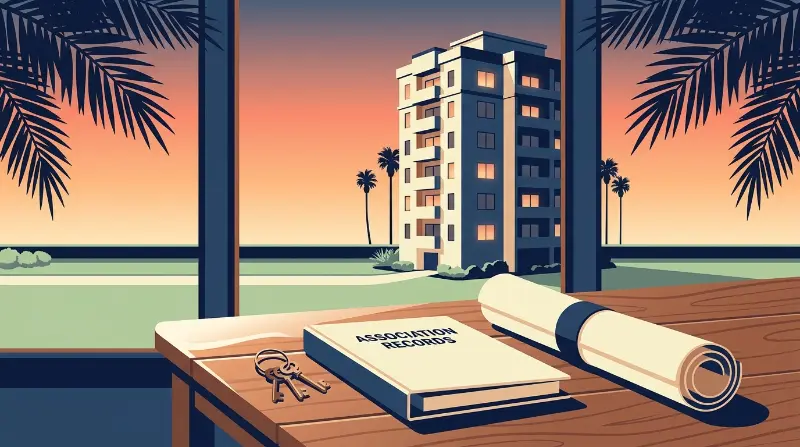 A ring of keys, a binder labeled Association Records, and rolled building plans resting on a clubhouse table, with a Florida condominium tower and palm trees visible through a window at golden-hour sunset, illustrating the developer-to-owner handover of association control under FS 718.301 and FS 720.307