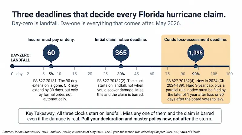 Three statutory deadlines that decide every Florida hurricane claim shown on a horizontal timeline starting from day zero landfall — 60 days for the insurer to pay or deny the claim under Florida Statute 627.70131 with a note that the 90-day automatic emergency extension was eliminated by SB 2-A and the Office of Insurance Regulation may now extend only by 30 additional days by formal order, 365 days for the initial claim notice deadline under FS 627.70132(2) which starts on landfall not when damage is discovered, and 1,095 days highlighted in soft amber as the new 2024 condo loss-assessment deadline under FS 627.70132(4) added by Chapter 2024-139 with a hard 3-year cap plus a parallel later-of rule that notice must be filed by 1 year after loss or 90 days after the board votes to levy whichever is later