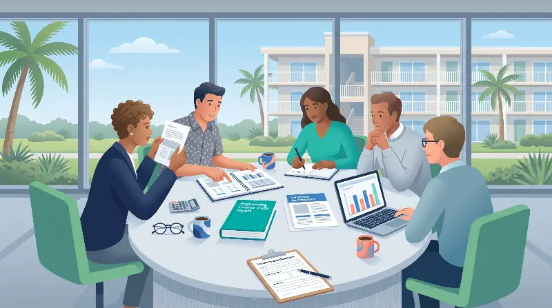 Florida condominium board and manager seated at a conference table reviewing the association's adopted budget, reserve study and master insurance policy declarations page while a mortgage lender's project questionnaire waits at the end of the table, with a mid-rise coastal condominium building and palm trees visible through the window — the meeting where a board learns that its replacement reserve line now decides whether units in the building can be financed under Fannie Mae and Freddie Mac Full Review