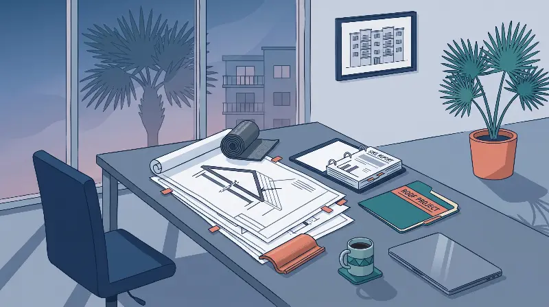 Flat-vector editorial illustration of a Florida condo board meeting at dusk: a long conference table with a stack of architectural roof drawings open under a single cool-toned task light, a folder labeled SIRS REPORT with a coral tab, a roof tile sample and a coiled section of TPO membrane on the table edge, a small framed elevation drawing of a four-story mid-rise condo on the wall, a teal coffee mug on a coaster, and three empty navy chairs around the table. The window behind shows a silhouetted Florida palm and the outline of a four-story coastal condo building against a soft dusk sky. Cool slate background. SaaS-style navy, teal, coral, and cool slate palette. No people, no readable text on the drawings, no logos, no identifying community details.