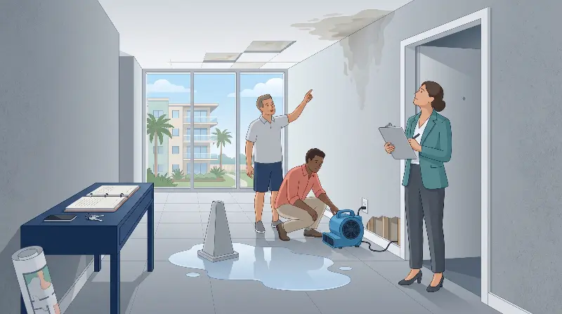 Florida condominium property manager and two board members standing in a unit hallway assessing water damage from a leak in the unit above, with a stained ceiling, a drying fan on the floor, the association's declaration and master insurance policy open on a side table, and a mid-rise coastal condominium with palm trees visible through the window — the moment a board decides whether the loss is an insurable event repaired as a common expense or a declaration question