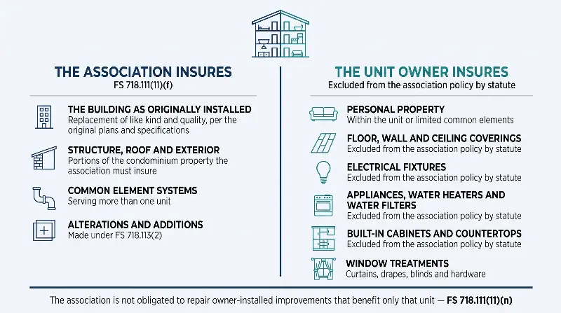Infographic dividing responsibility for a Florida condominium water loss into two columns — the association's master policy covering the building as originally installed, structure and roof, common element systems and alterations, and the unit owner covering personal property, floor and wall and ceiling coverings, electrical fixtures, appliances, water heaters, water filters, built-in cabinets and countertops, and window treatments, with a footnote that the association is not obligated to repair owner-installed improvements benefiting only that unit