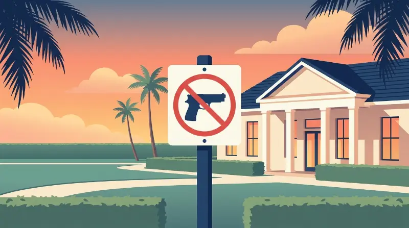 A Florida HOA clubhouse and community park at golden-hour sunset framed by silhouetted palm fronds, with a posted community rules sign in the foreground, illustrating the legal question of whether a homeowners association can restrict firearms in its common areas