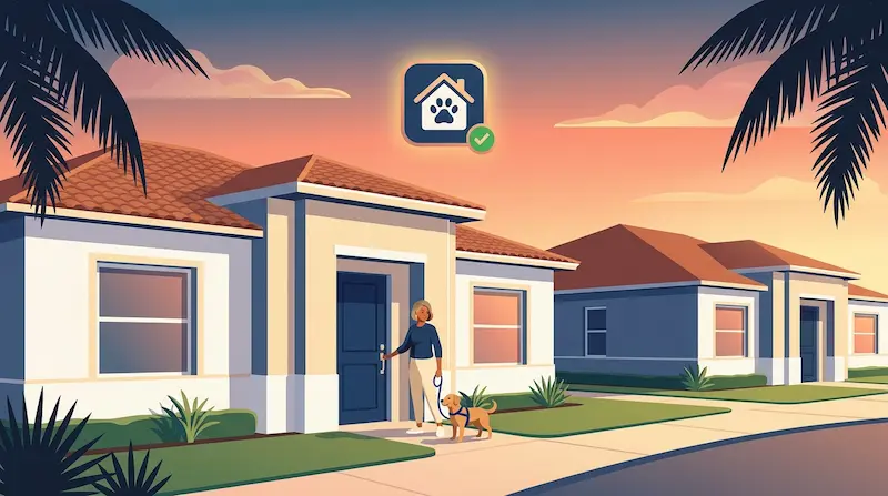 Florida resident at the door of a condominium home with a small emotional support dog, with a community association building and palm trees behind them, illustrating an emotional support animal reasonable accommodation request under Florida Statute 760.27 and the Fair Housing Act