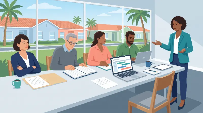 Florida HOA board and property manager at a meeting table reviewing a violation file and a fining notice, with the association declaration open beside a laptop showing an owner ledger, and a Florida community with palm trees visible through the window