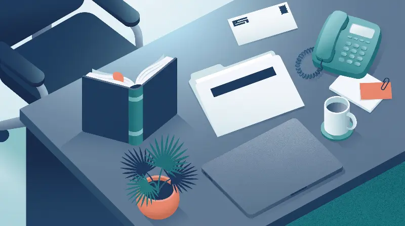 Flat-vector editorial illustration of a Florida HOA or condo board secretary's desk in cool late-afternoon light: an open statute book with a coral sticky-note tab marking a page (Fla. Stat. 718.111(5)), a manila file folder with a colored band label, a teal corded desk phone, a sealed envelope marked return-receipt, a closed slate-gray laptop, a coffee mug on a teal coaster, and a small Florida fan-palm plant in a coral pot. Sets the scene for the article's opening — the Tuesday morning a hoarder-unit notice arrives on the board's desk. Navy, teal, coral, and cool slate SaaS-style palette. No people, no readable text, no community identifying details.