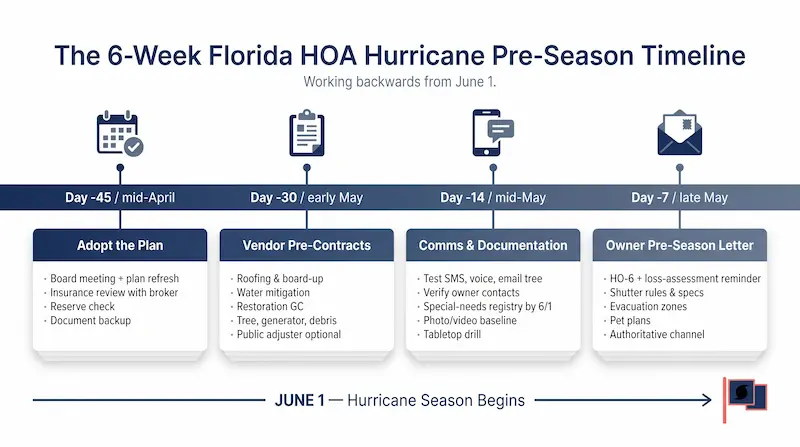 Horizontal timeline showing six weeks of pre-hurricane-season preparation tasks for Florida HOA and condo boards, with milestones at Day -45 mid-April, Day -30 early May, Day -14 mid-May, and Day -7 late May, broken into Insurance and Plan, Vendors and Common Elements, Communication and Documentation, and Owner Pre-Season Letter phases