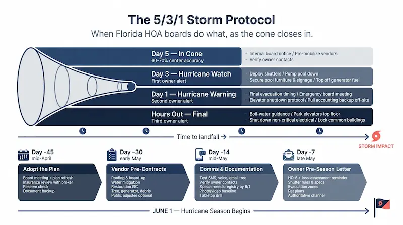 Vertical timeline showing the 5-3-1 hurricane protocol for Florida HOA boards, with action steps at Day 5 in cone, Day 3 hurricane watch, Day 1 hurricane warning, and hours-out final preparation, including owner alerts, board meetings, common element security, and elevator shutdown