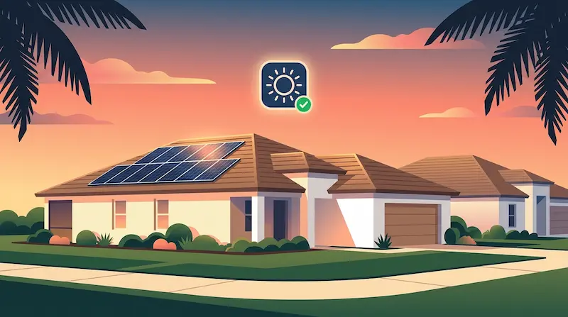 Florida single-family home in an HOA community with rooftop solar panels installed on a south-facing roof plane at golden hour, palm trees and a tile-roof neighborhood visible, illustrating the homeowner right to install solar under the Florida Solar Rights Act FS 163.04
