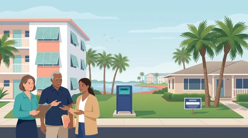 Editorial illustration of the Florida Save Our Homes from Excessive Property Taxes constitutional amendment on the November 2026 ballot, showing a Florida condominium tower and single-family home beside a ballot box, with banner figures referencing the $250,000 homestead exemption, the 5% non-homestead assessment cap, and the five-year Florida residency rule under Article VII Sections 4, 6, and 9 of the Florida Constitution and CS/HJR 1F