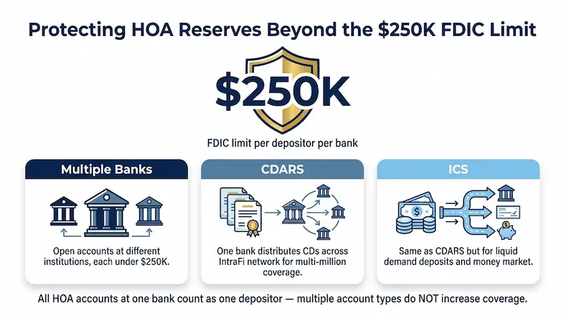 Infographic showing three strategies for protecting HOA reserves beyond the $250K FDIC limit — Multiple Banks with accounts at different institutions, CDARS distributing CDs across IntraFi network banks, and ICS for liquid demand deposits and money market accounts