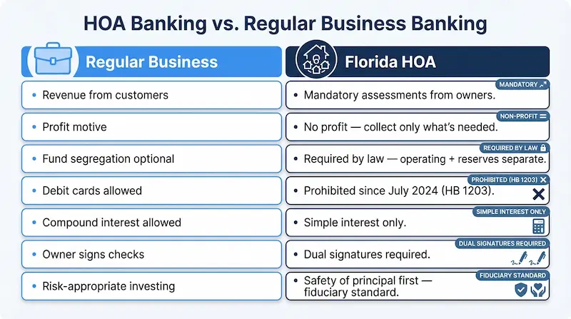 Infographic comparing HOA banking versus regular business banking across seven categories — revenue source, profit motive, fund segregation, debit cards, interest type, check signing, and investment approach — showing Florida HOA restrictions are stricter in every category