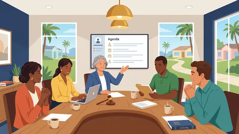 Warm illustration of five diverse HOA board members seated around a conference table in a Florida clubhouse with the president gesturing toward an agenda screen, a gavel and governing documents on the table, and palm trees and pastel homes visible through windows