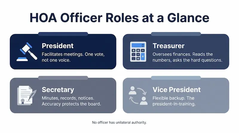 HOA officer roles at a glance infographic in 2x2 grid: President with gavel icon facilitates meetings one vote not one voice, Treasurer with calculator icon oversees finances reads numbers asks hard questions, Secretary with document icon handles minutes records and notices, Vice President with people icon flexible backup the president-in-training, with note that no officer has unilateral authority