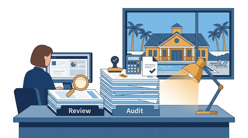 CPA reviewing Florida HOA financial statements at a desk with bank confirmations and audit workpapers, showing the difference between compilation review and audit levels