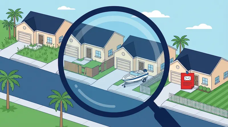 Florida homeowner reviewing HOA violation notices while looking out at neighbors with the same violations that go unenforced