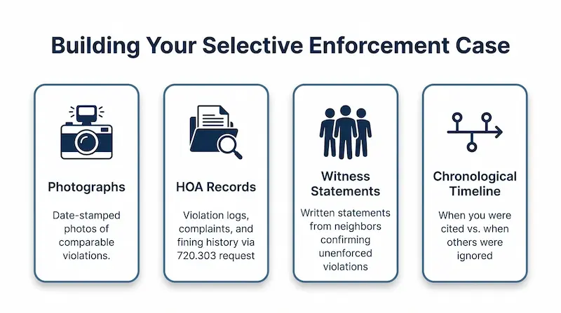 Infographic showing the four types of evidence needed to prove HOA selective enforcement in Florida: photographs of comparable violations, official records obtained under Section 720.303, witness statements from neighbors, and a chronological enforcement timeline