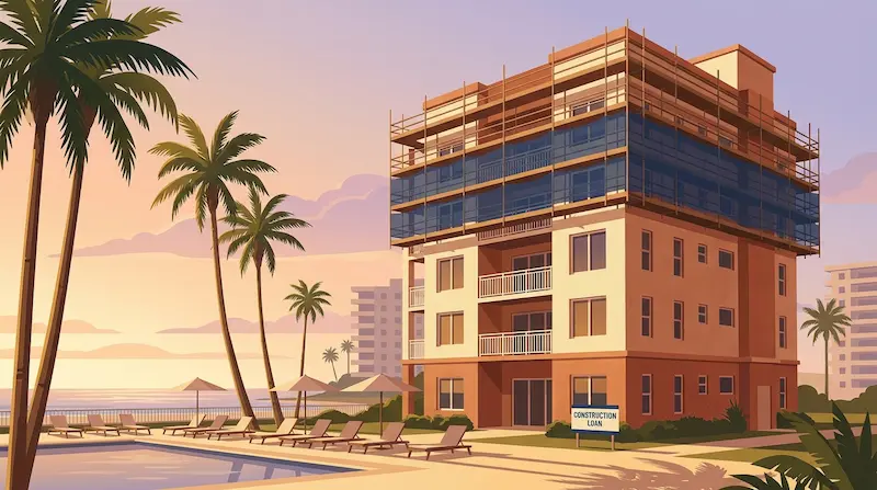 Florida coastal condominium tower at golden hour with concrete-restoration scaffolding wrapped around the upper floors, palm trees in foreground, ocean visible behind, illustrating SIRS-driven loan demand