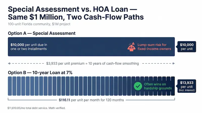 Side-by-side comparison chart showing a 100-unit Florida HOA funding a $1 million project: Option A is a $10,000 lump-sum special assessment per unit, Option B is approximately $116 per unit per month for 120 months at 7 percent interest