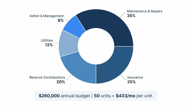 Donut chart showing typical Florida HOA budget breakdown — Maintenance and Repairs 35%, Insurance 25%, Reserve Contributions 20%, Utilities 12%, Admin and Management 8% — totaling $260,000 annual budget divided by 50 units equals $433 per month per unit