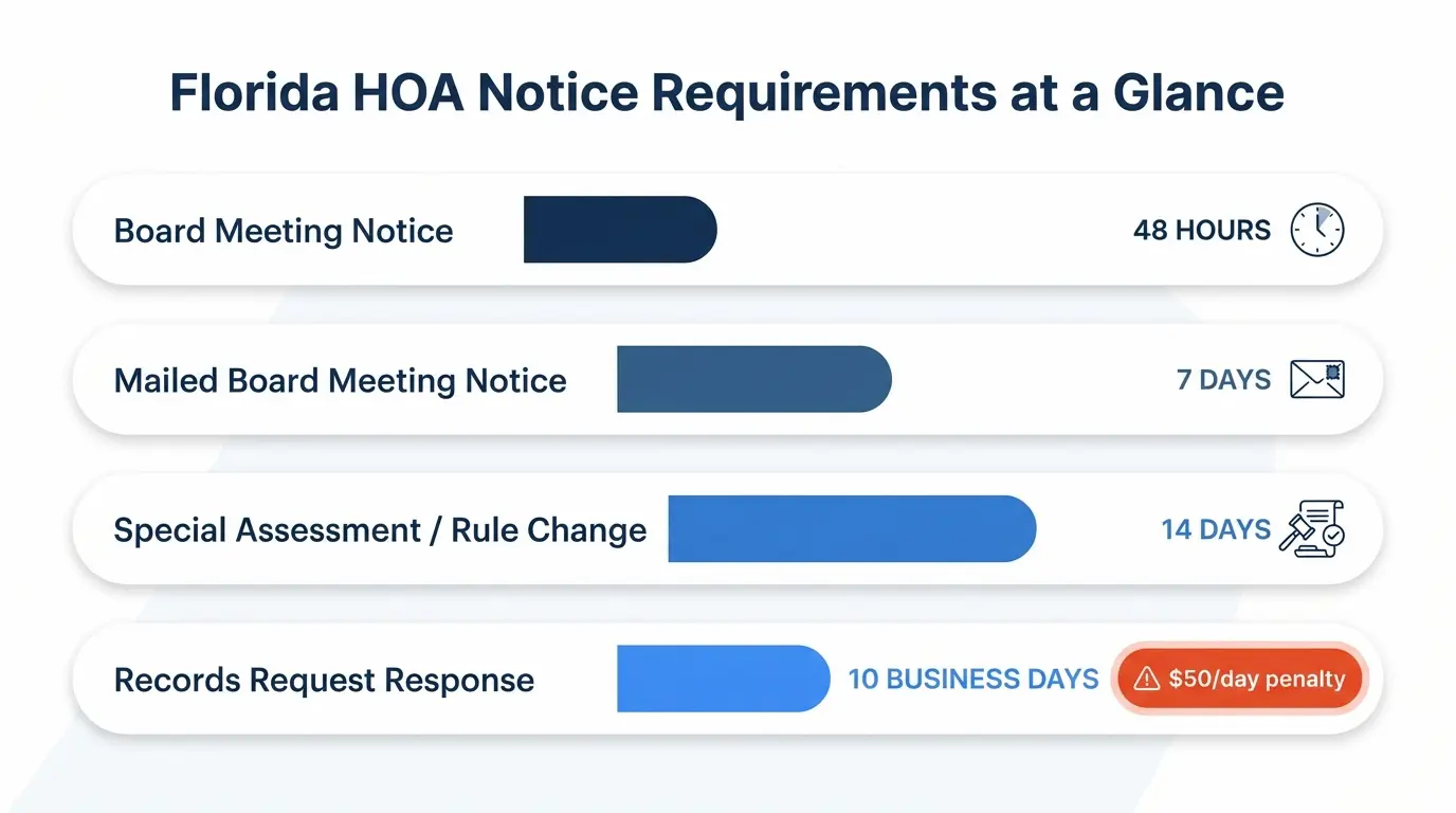 Infographic showing Florida HOA notice requirements — Board Meeting Notice 48 hours, Mailed Board Meeting Notice 7 days, Special Assessment or Rule Change 14 days, Records Request Response 10 business days with $50 per day penalty badge