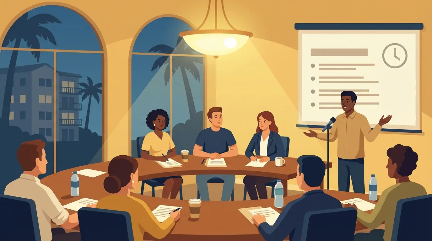 Florida HOA board members and homeowners communicating at an open community meeting in a clubhouse