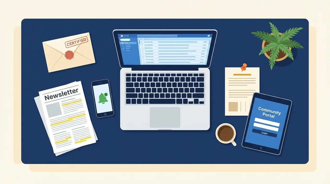 Bird's-eye view of an HOA community manager's desk showing six communication channels — certified mail envelope, laptop with email inbox, phone with notification, printed newsletter with highlights, bulletin board posting with pushpin, and tablet showing community portal login