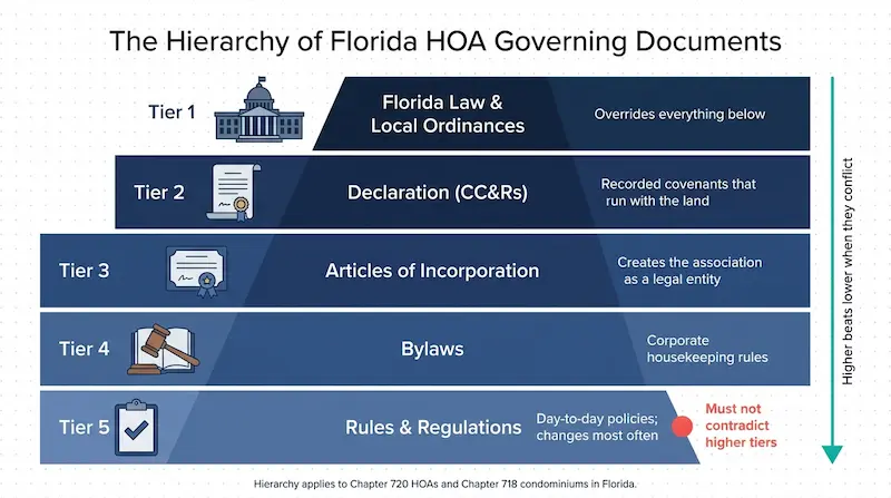 Pyramid infographic showing the hierarchy of Florida HOA governing documents from top to bottom: Florida law and local ordinances, Declaration and CC&Rs, Articles of Incorporation, Bylaws, and Rules and Regulations