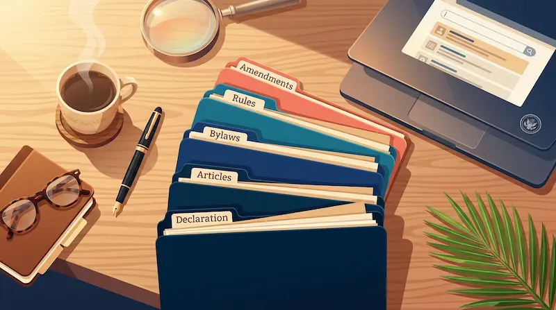 Florida homeowner at a desk with five stacked folders labeled Declaration, Articles, Bylaws, Rules, and Amendments, a laptop showing a county recorder search page, and a coastal Florida community visible through the window