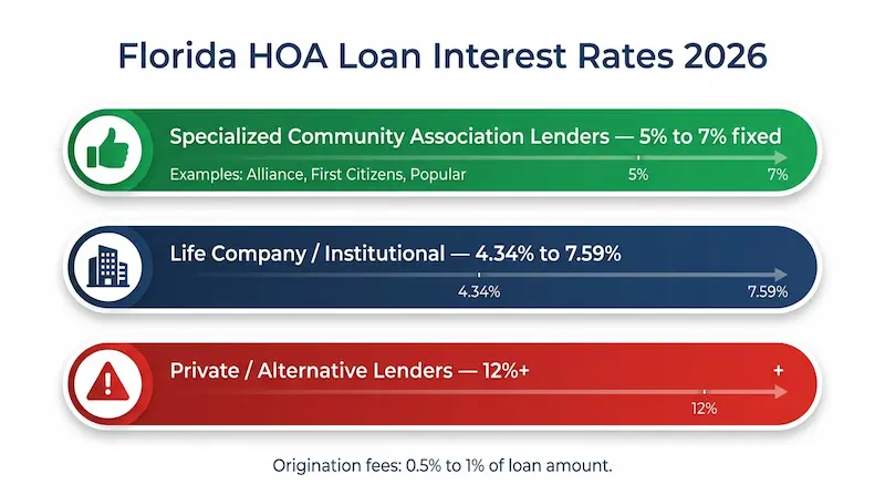 Infographic showing Florida HOA loan interest rate ranges in 2026: specialized community association lenders 5 to 7 percent fixed, life company lenders 4.34 to 7.59 percent, and private alternative lenders 12 percent or higher