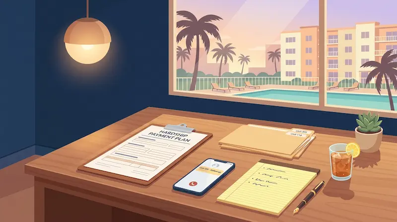 Warm illustration of two Florida HOA board members having a friendly phone call with a homeowner at a sun-drenched community clubhouse table, with palm trees and pastel mid-rise condos visible through a wide window at golden hour, a stack of folders and a pitcher of iced tea on the table, navy blue accent wall, conveying the article's thesis that the first conversation about a missed payment should feel like a neighbor checking in rather than a debt collector calling