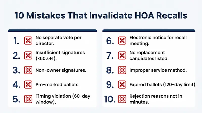 Infographic listing the 10 most common mistakes that invalidate Florida HOA recall petitions including wrong ballot format, insufficient signatures, non-owner signatures, timing violations, and failure to list replacement candidates