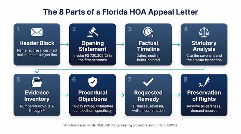 Infographic showing the eight sections of a Florida HOA appeal letter: header block, opening statement, factual timeline, statutory analysis, evidence inventory, procedural objections, requested remedy, and preservation of rights closing