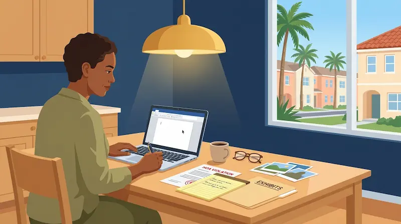 Florida homeowner at a kitchen table drafting an HOA appeal letter with a violation notice, governing documents, and photos of the property spread across the desk