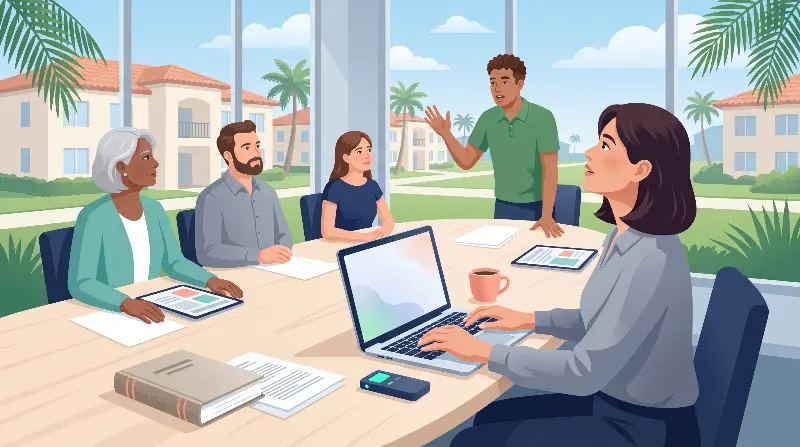 Florida HOA board secretary taking minutes on a laptop during a board meeting while a director speaks and a recorder sits on the table, with the association bylaws and an agenda beside them and a Florida community visible through the window