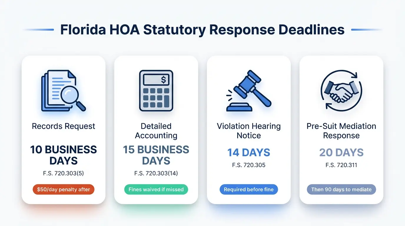 Infographic showing four Florida HOA statutory response deadlines — Records Request 10 business days under 720.303(5) with $50/day penalty, Detailed Accounting 15 business days under 720.303(14) with fines waived if missed, Violation Hearing Notice 14 days under 720.305, and Pre-Suit Mediation Response 20 days under 720.311