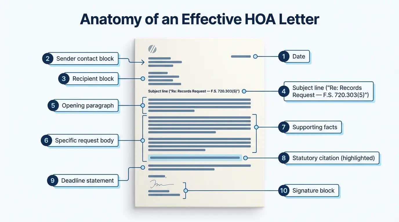 Infographic showing the 10 elements of an effective HOA request letter — date, sender contact, recipient block, subject line, opening paragraph, specific request, supporting facts, statutory citation, deadline, and signature block — with numbered callouts pointing to a sample letter
