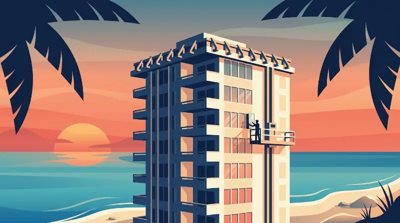 A Florida coastal condominium tower being fitted with impact-resistant windows and a reinforced roof at golden-hour sunset, illustrating the My Safe Florida Condominium Pilot Program wind-mitigation grants under FS 215.55871