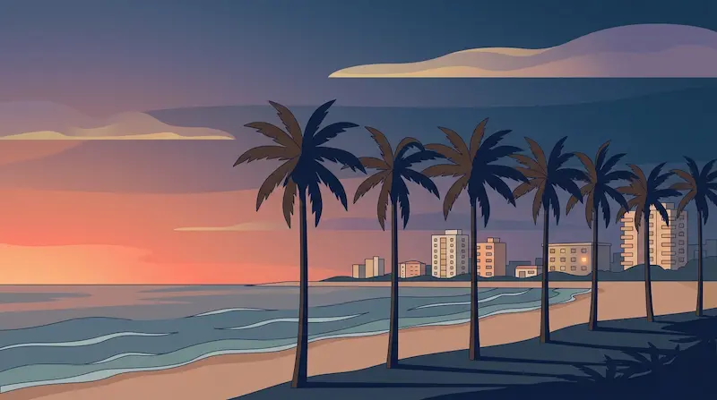 Atmospheric illustration of the Florida Atlantic coastline at twilight five years after the Champlain Towers South partial collapse, showing a stretch of empty beach with palm trees in the foreground and a soft purple-pink sunset sky, with a quiet sense of remembrance and aftermath in the composition, navy blue and warm earth tones, no people in the frame