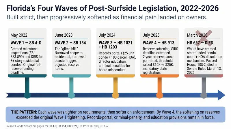 Timeline infographic showing the four waves of post-Surfside Florida legislation from 2022 to 2026, with wave one as SB 4-D in 2022 creating milestone inspections and SIRS, wave two as SB 154 in 2023 narrowing scope and the coastal trigger, wave three as HB 1021 and HB 1203 in 2024 adding records portals director education and criminal penalties, wave four as HB 913 in 2025 softening reserve requirements with two-year pause and raised threshold, and a fifth marker for HB 657 in 2026 that would have added a state-funded condo court but died in Senate Rules on March 13 2026, with each wave color-coded showing the progression from strict to softening enforcement