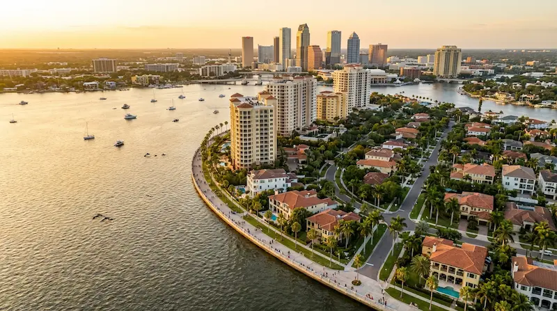 Aerial view of Tampa Bay residential communities and waterfront condos managed by HOA management companies