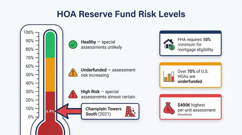 Infographic showing HOA reserve fund risk levels on a thermometer gauge — green zone 70-100% healthy, yellow zone 30-70% underfunded, red zone below 30% high risk, with Champlain Towers South marked at 6.9% funded and three stat cards showing FHA 10% minimum, 70%+ of HOAs underfunded, and $400K highest per-unit assessment